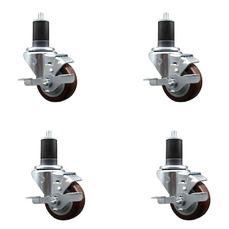 Service Caster 3'' Maroon Poly Swivel 1-5/8'' Expanding Stem Caster Set with Brake, 4PK SCC-EX20S314-PPUB-MRN-TLB-158-4